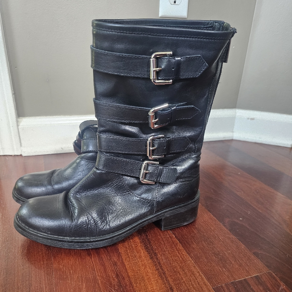 Aquatalia Black Leather Biker Boots Size 8